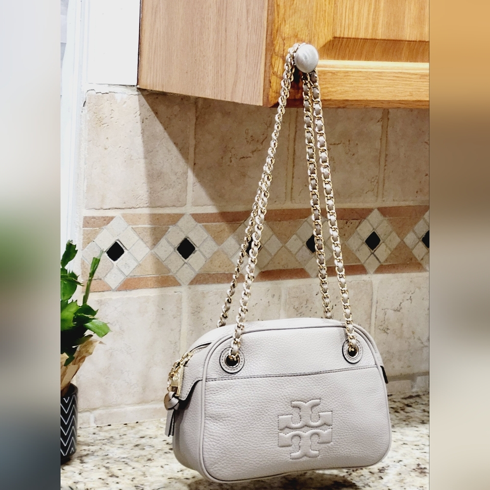Tory Burch Grey Adjustable Strap  Purse With Gold Accents